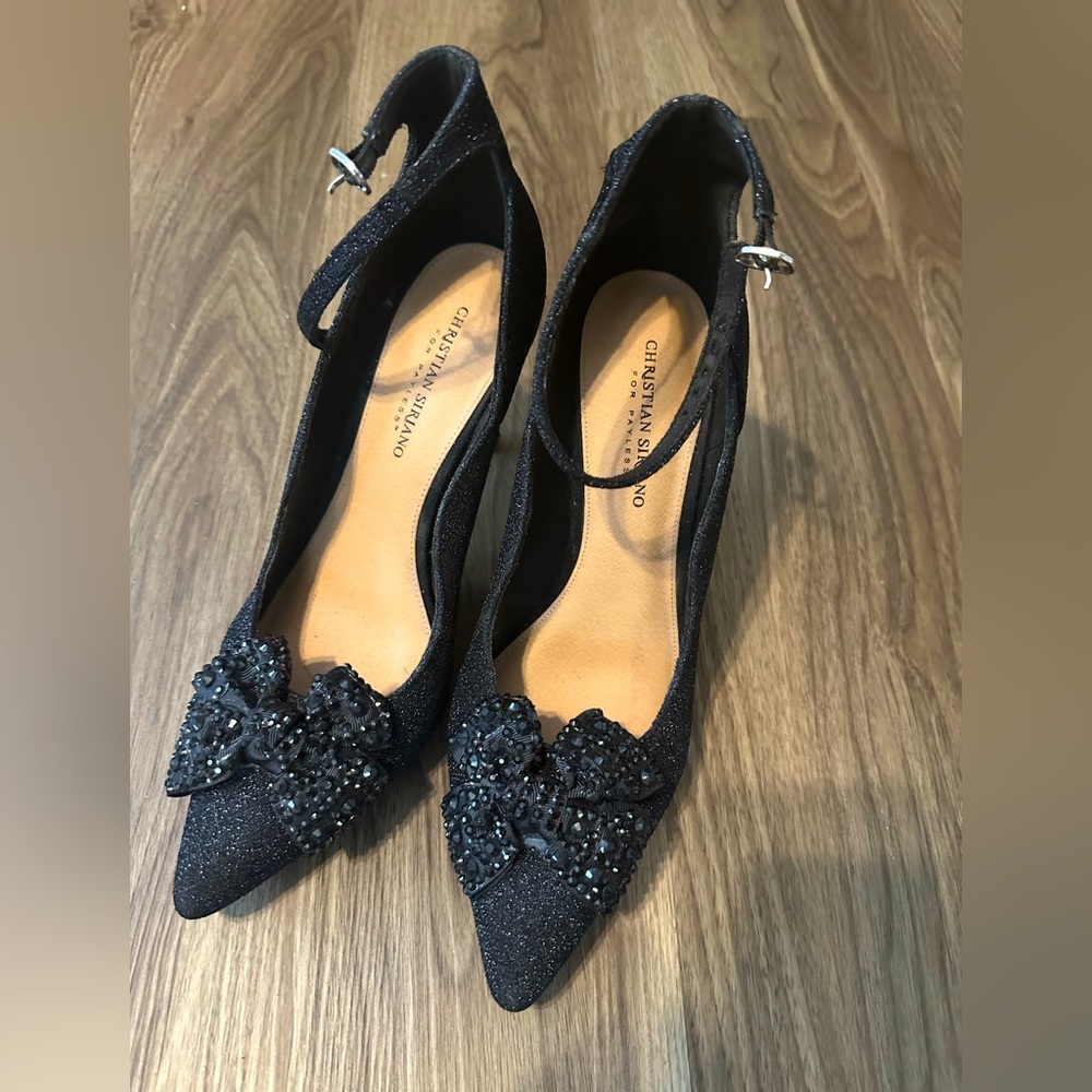 Christian Siriano Black Pump with Ankle Strap and jeweled bow.